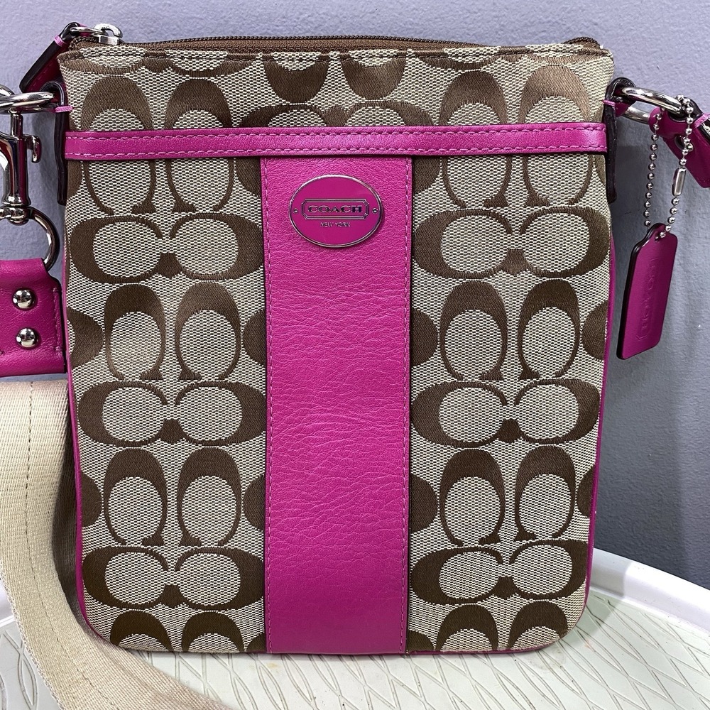 Coach Signature Women's Stripe Shoulder Bag Crossbody Brown&Hot Pink 8.5x7.5" - Picture 2 of 11